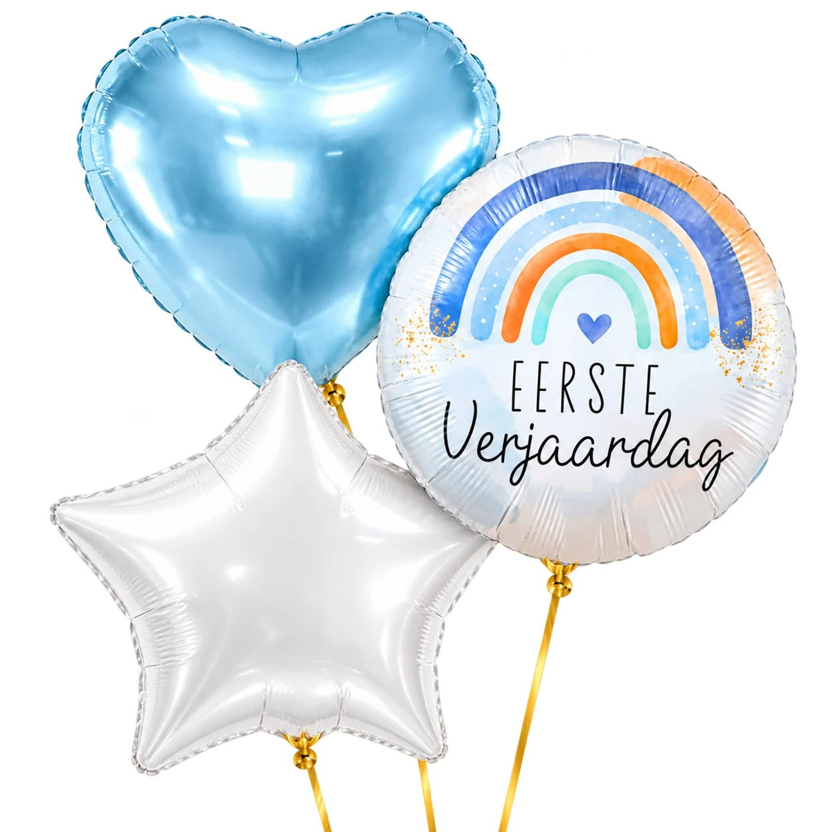 1 Jaar Trosje Blauw – heliumgevulde ballonnen met dunne gouden lintjes op een witte achtergrond