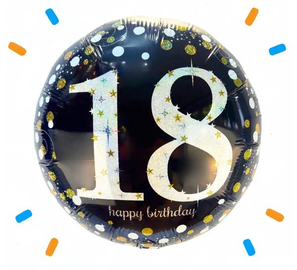18 Jaar Helium Ballon Zwart/Zilver/Goud - Gevuld Met Helium - 46 cm - Ballonnenshop.nl