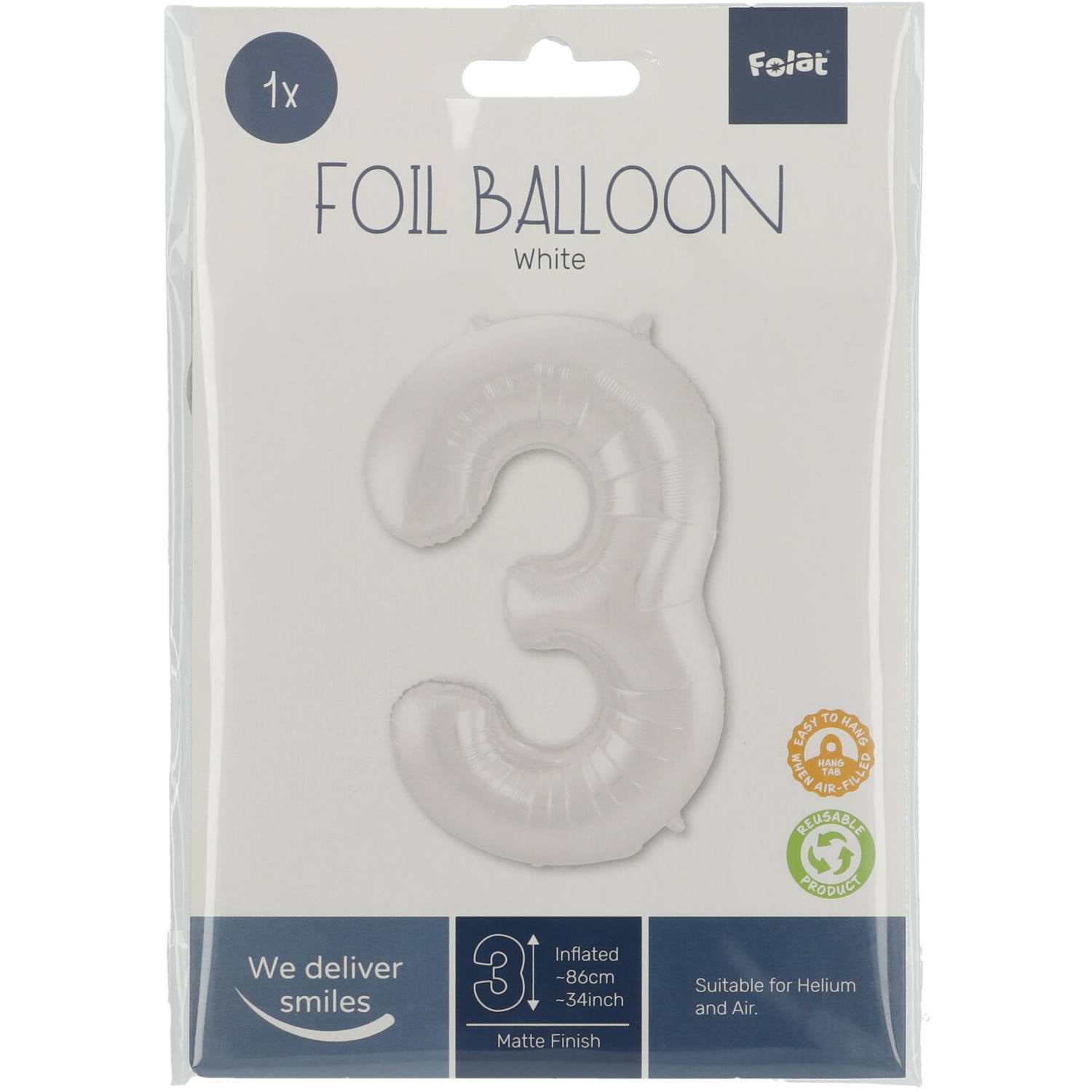 Cijfer Ballon 3 - Wit - 86 cm
