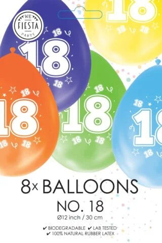 Gekleurde Ballonnen 18 jaar - 8 stuks - 30 cm