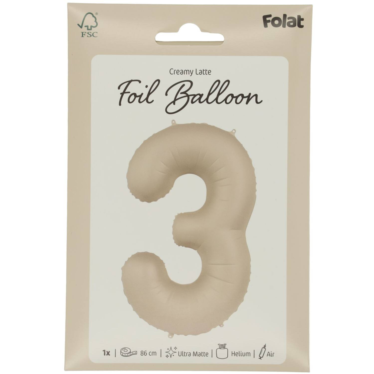 Cijfer Ballon 3 - Creamy Latte - Matt - 86 cm