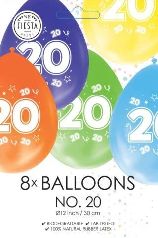 Gekleurde Ballonnen 20 jaar - 8 stuks - 30 cm