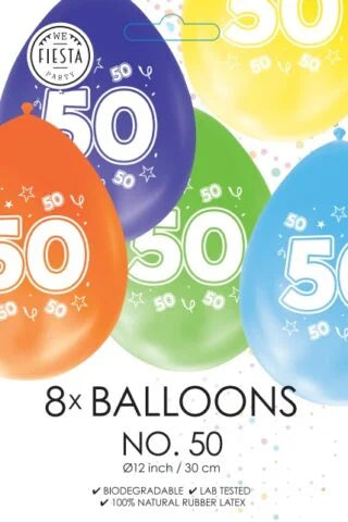 Gekleurde Ballonnen 50 jaar - 8 stuks - 30 cm