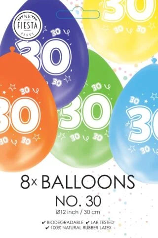 Gekleurde Ballonnen 30 jaar - 8 stuks - 30 cm