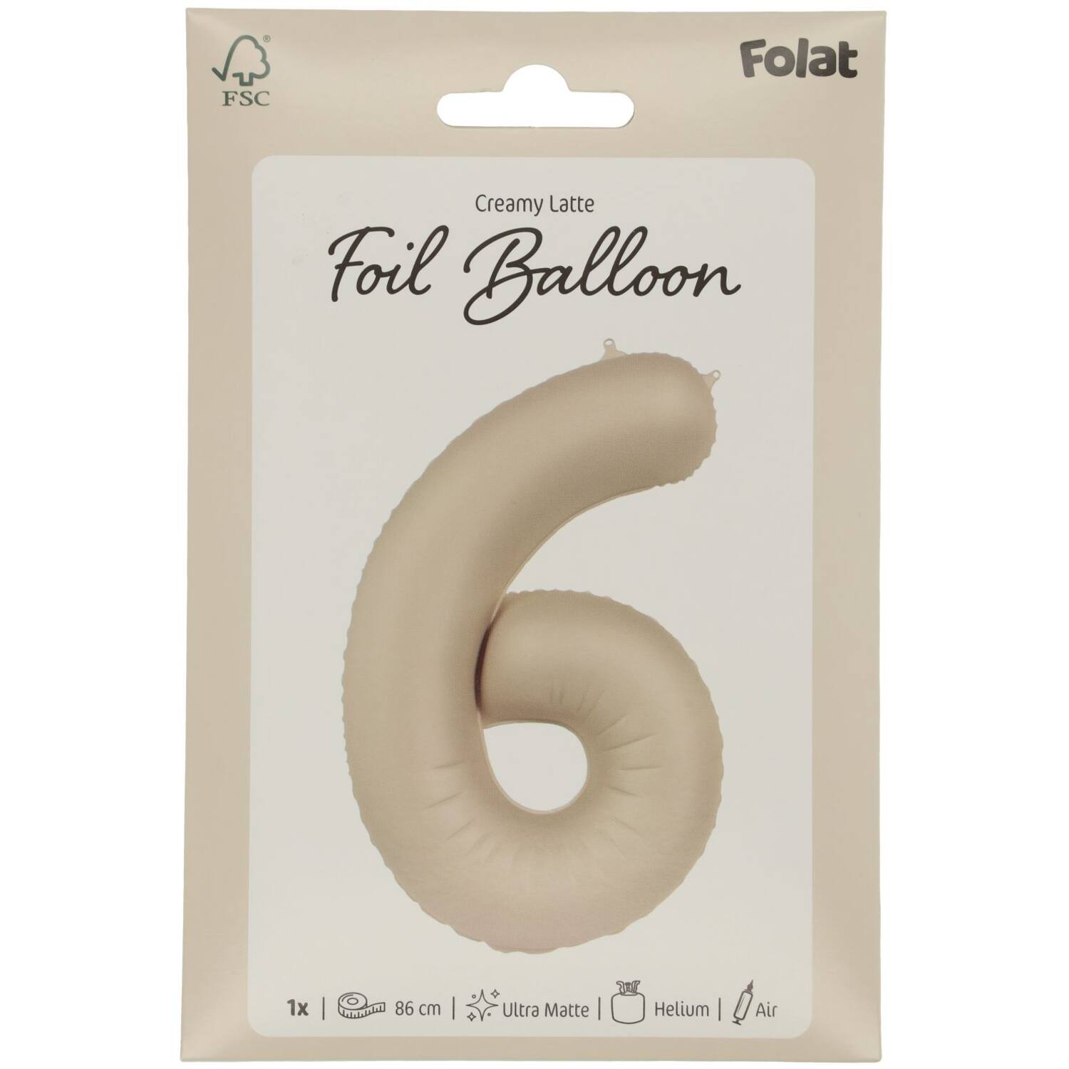 Cijfer Ballon 6 - Creamy Latte - Matt - 86 cm