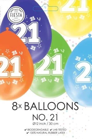 Gekleurde Ballonnen 21 jaar - 8 stuks - 30 cm