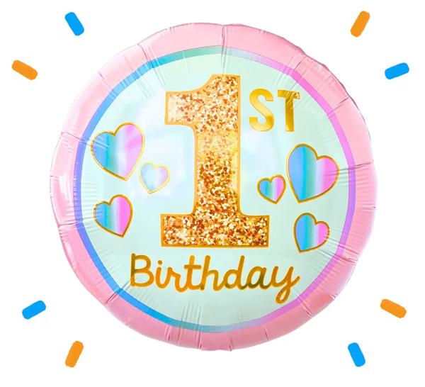 1st Birthday Helium Ballon Roze Hartjes - Gevuld Met Helium - 46 cm - Ballonnenshop.nl