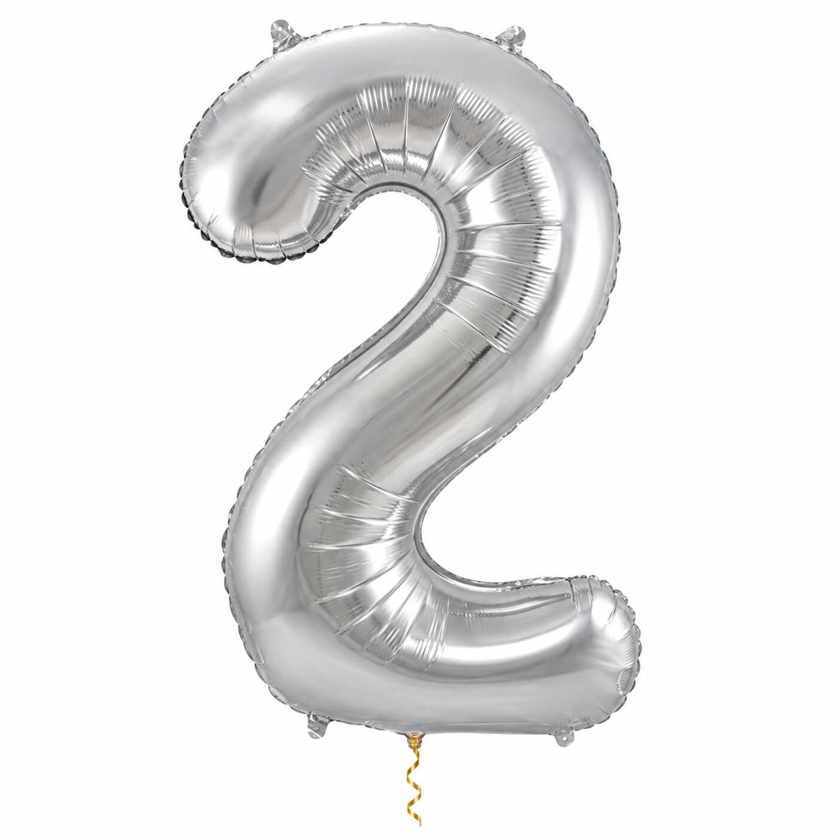 2 Jaar Cijfer Zilver XL Ballon met dun metallic gouden lint op witte achtergrond – Ballonnenshop.nl