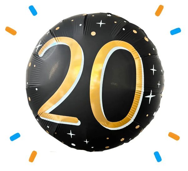 20 Jaar Helium Ballon Zwart/Goud - Gevuld Met Helium - 46 cm - Ballonnenshop.nl