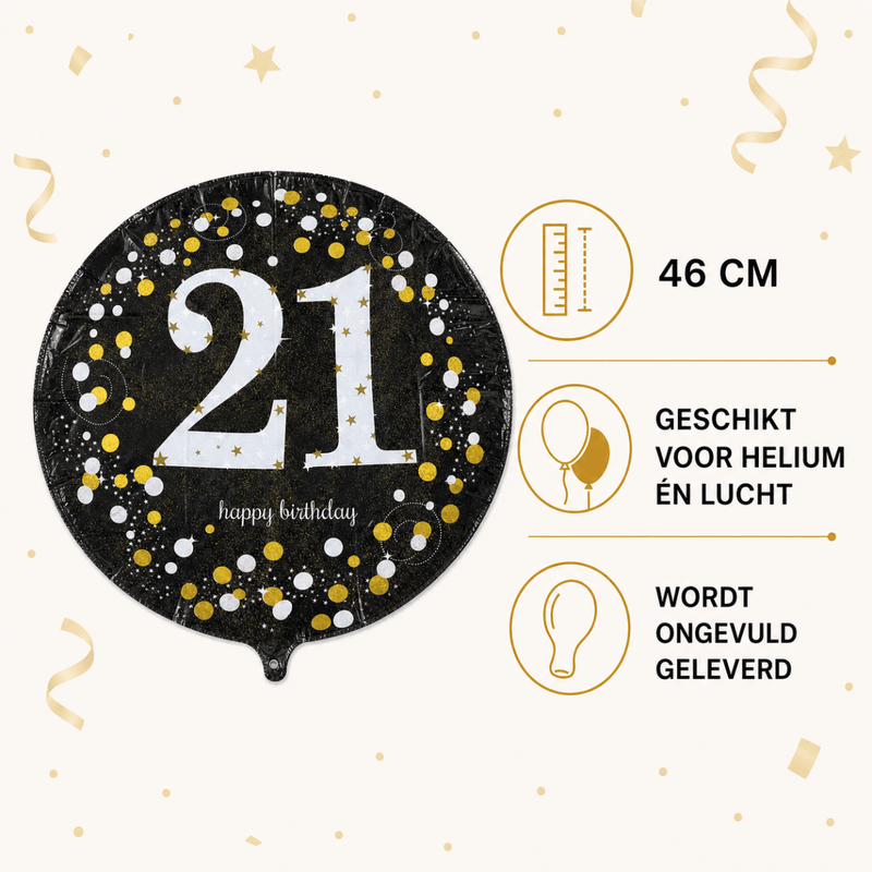 21 Jaar Folie Ballon Zwart/Zilver/Goud - 46 cm - Ballonnenshop.nl