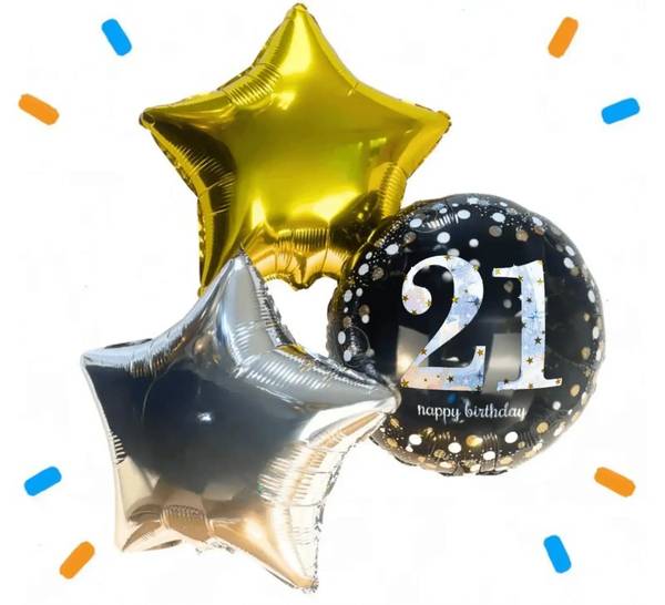 21 Jaar Trosje Zilver/Zwart/Goud - Gevuld Met Helium - 46 cm - Ballonnenshop.nl