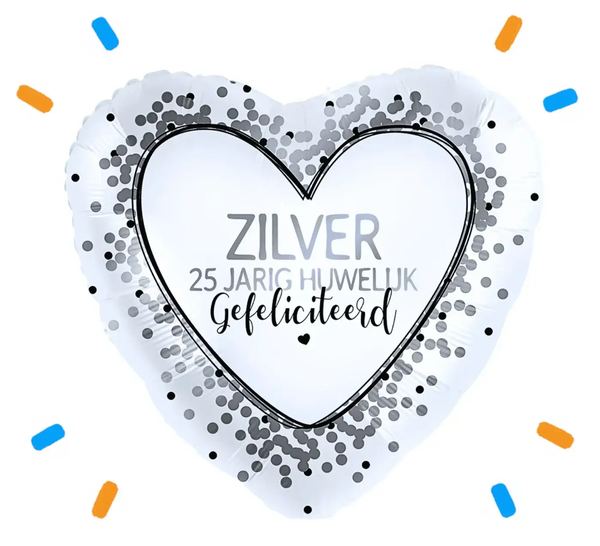 25 Jarig Huwelijk Helium Ballon Zilver - Gevuld Met Helium - 46 cm - Ballonnenshop.nl