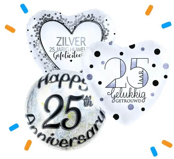 25 Jarig Huwelijk Trosje Helium Ballonnen - Gevuld Met Helium - 46 cm - Ballonnenshop.nl