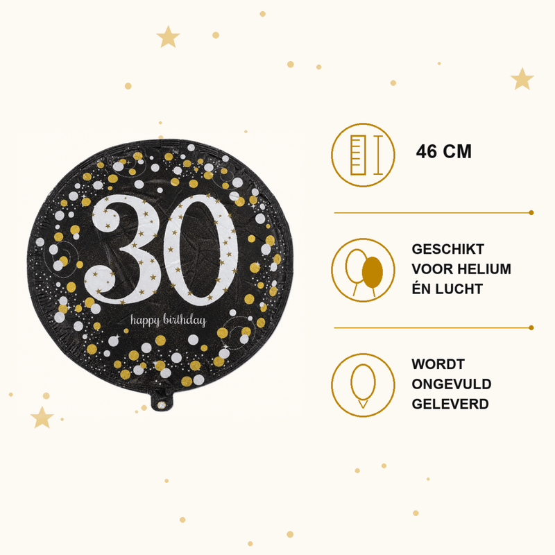 30 Jaar Folie Ballon Zwart/Zilver/Goud - 46 cm - Ballonnenshop.nl