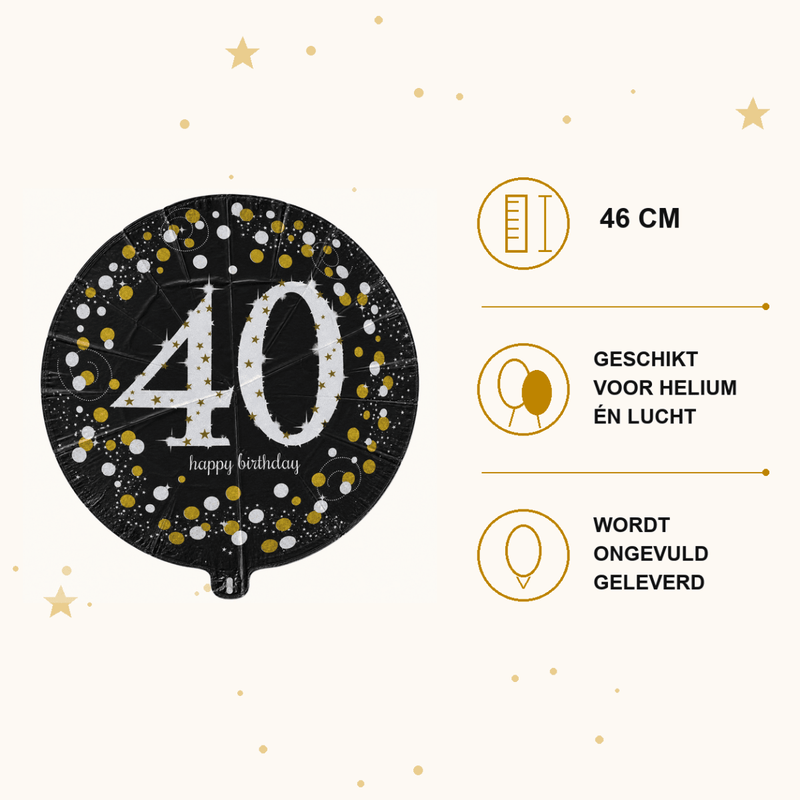40 Jaar Folie Ballon Zwart/Zilver/Goud - 46 cm - Ballonnenshop.nl