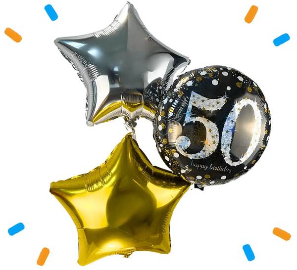 50 Jaar Trosje Zilver/Zwart/Goud - Gevuld Met Helium - 46 cm - Ballonnenshop.nl