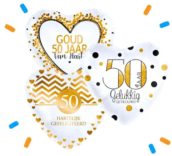 50 Jarig Huwelijk Trosje Helium Ballonnen Goud - Gevuld Met Helium - 46 cm - Ballonnenshop.nl