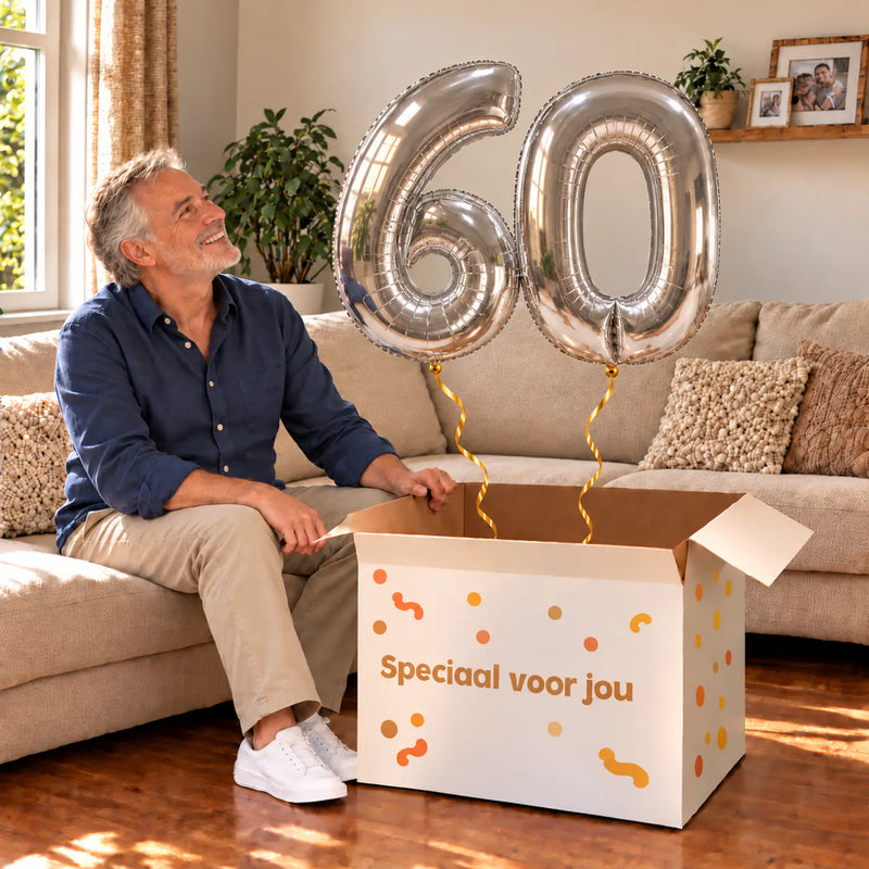 60 Jaar Cijfer Ballonnen Zilver met twee heliumgevulde cijferballonnen en een jarige in een warme woonkamer