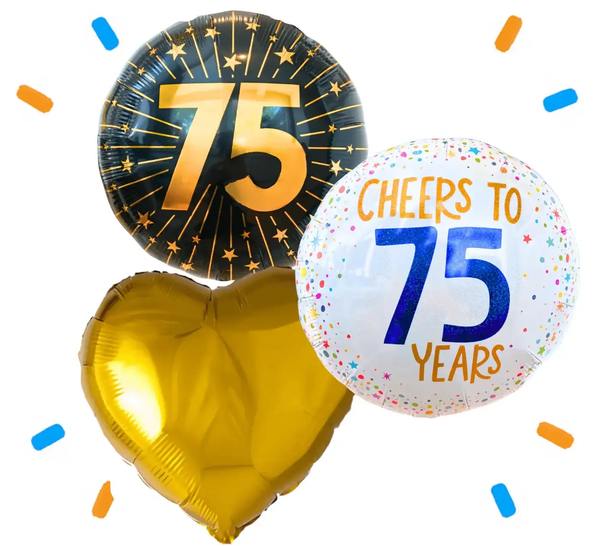 75 Jaar Trosje Goud/Zwart/Wit - Gevuld Met Helium - 46 cm - Ballonnenshop.nl