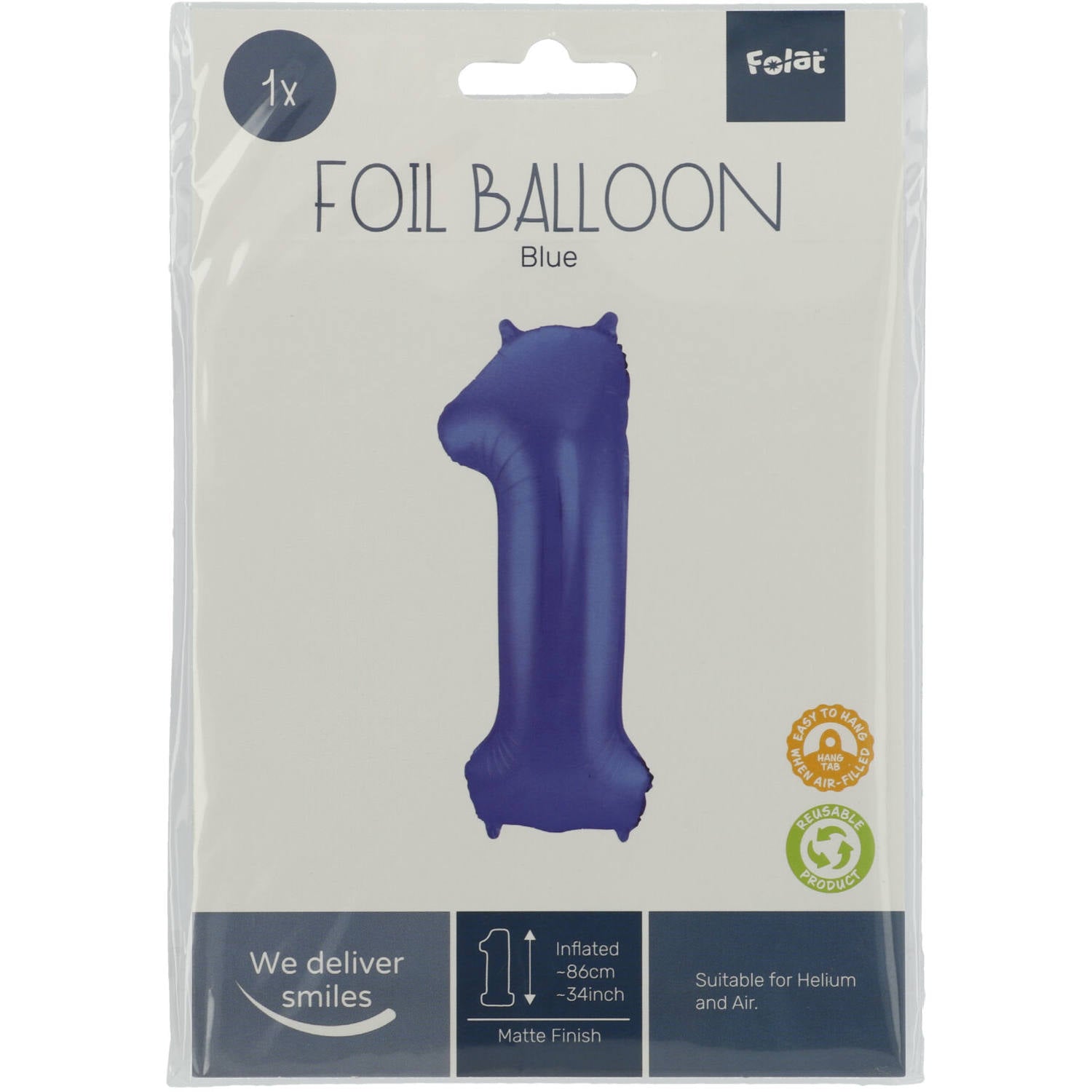 Cijfer Ballon 1 - Mat Blauw - 86 cm