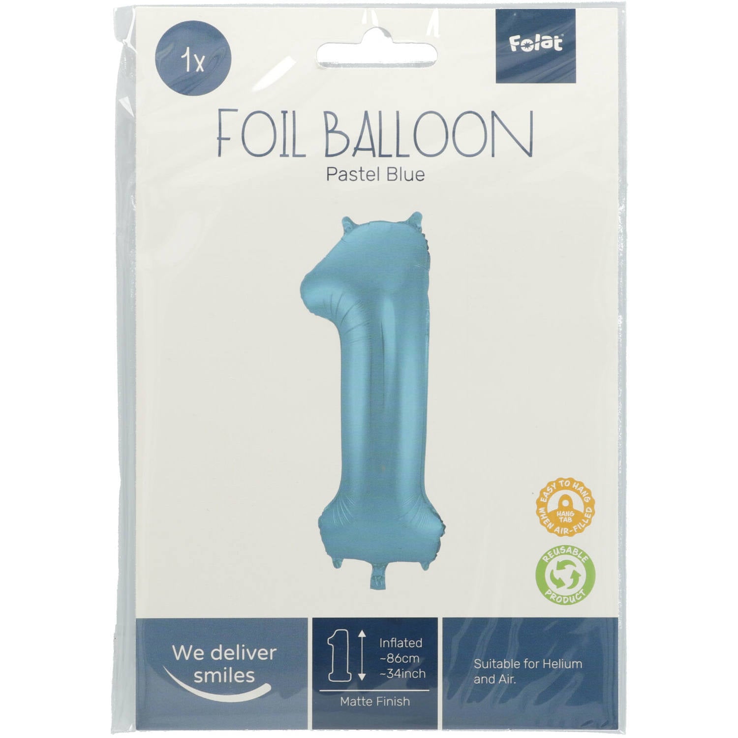 Cijfer Ballon 1 - Pastel Blauw - 86 cm