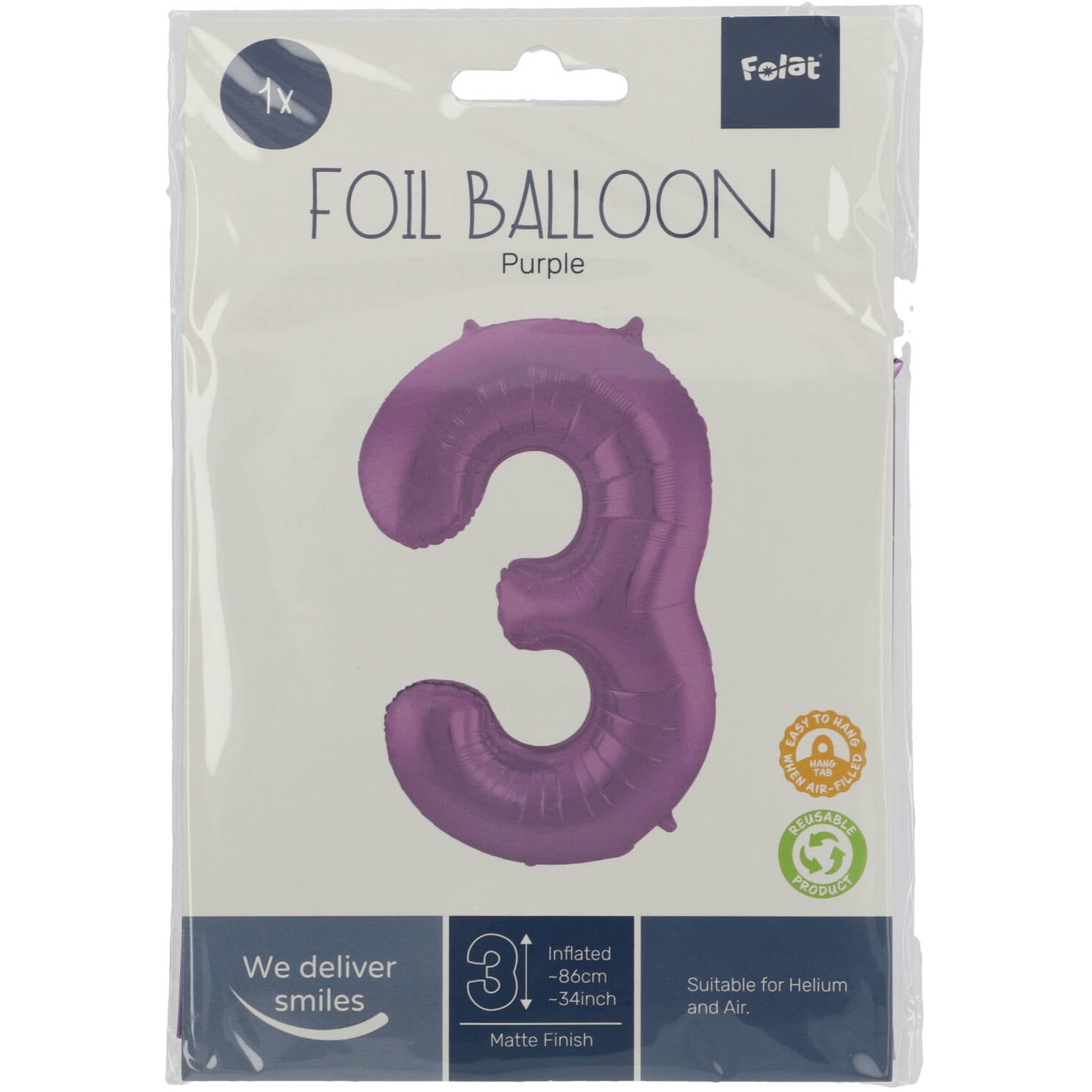 Cijfer Ballon 3 - Paars - 86 cm