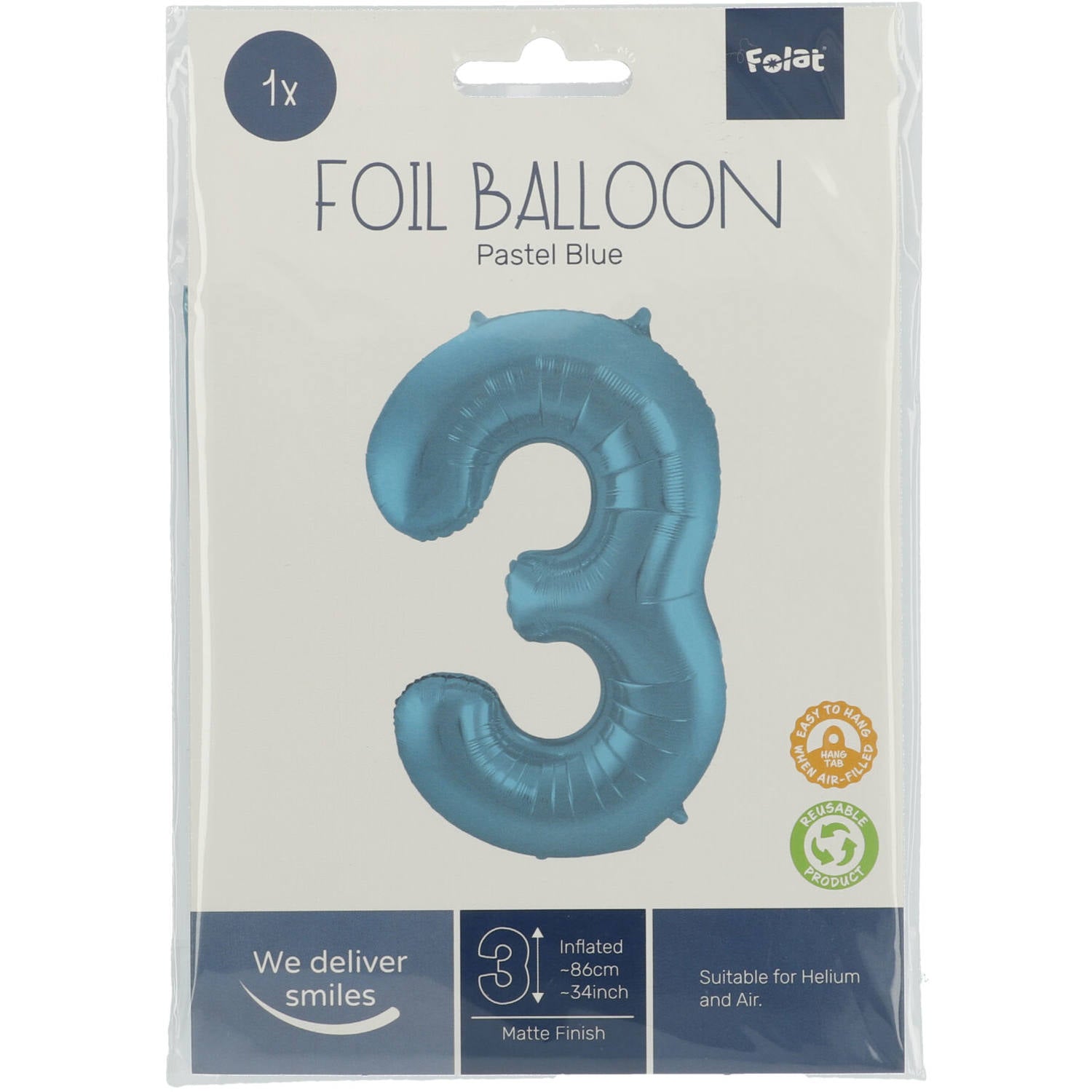 Cijfer Ballon 3 - Pastel Blauw - 86 cm