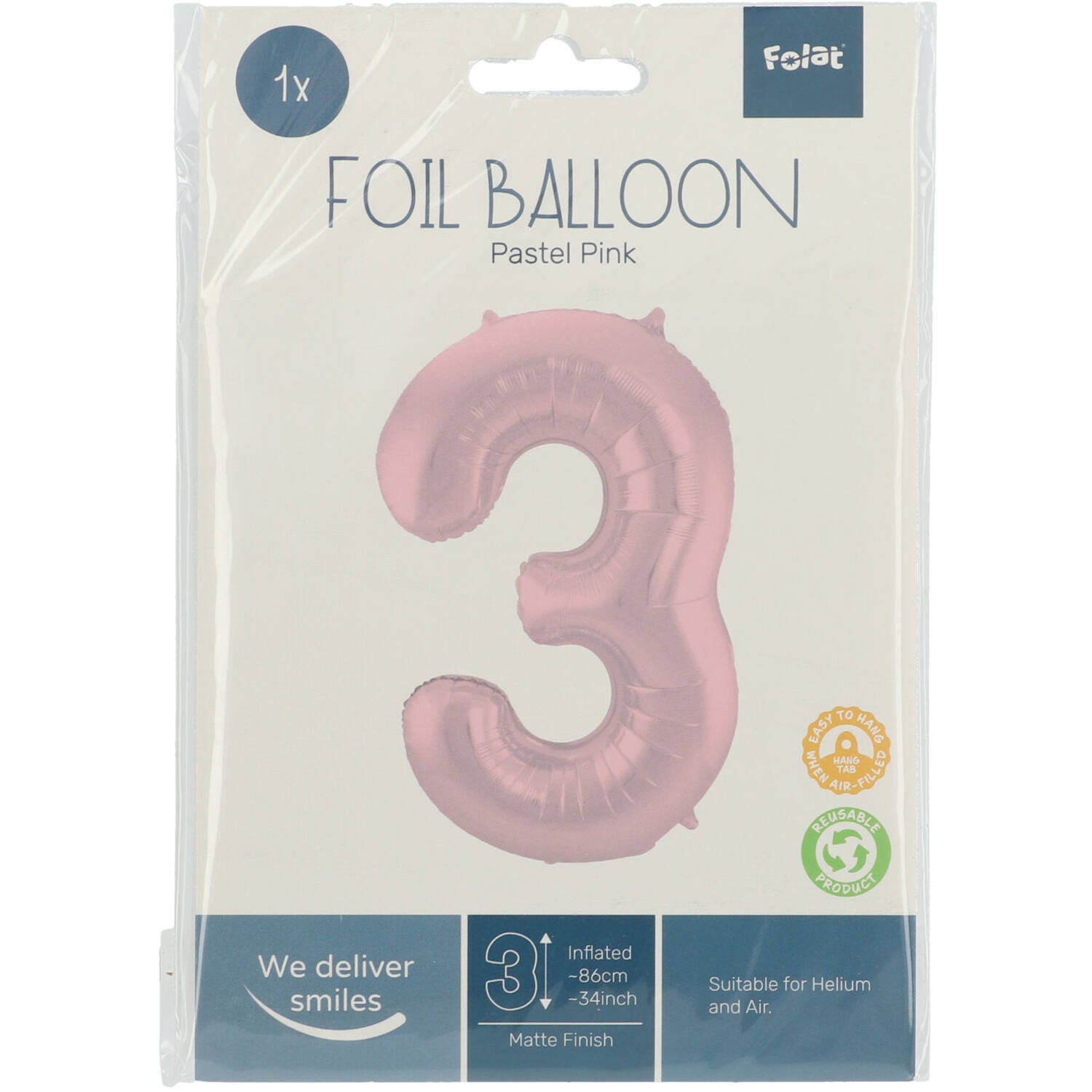 Cijfer Ballon 3 - Pastel Roze - 86 cm