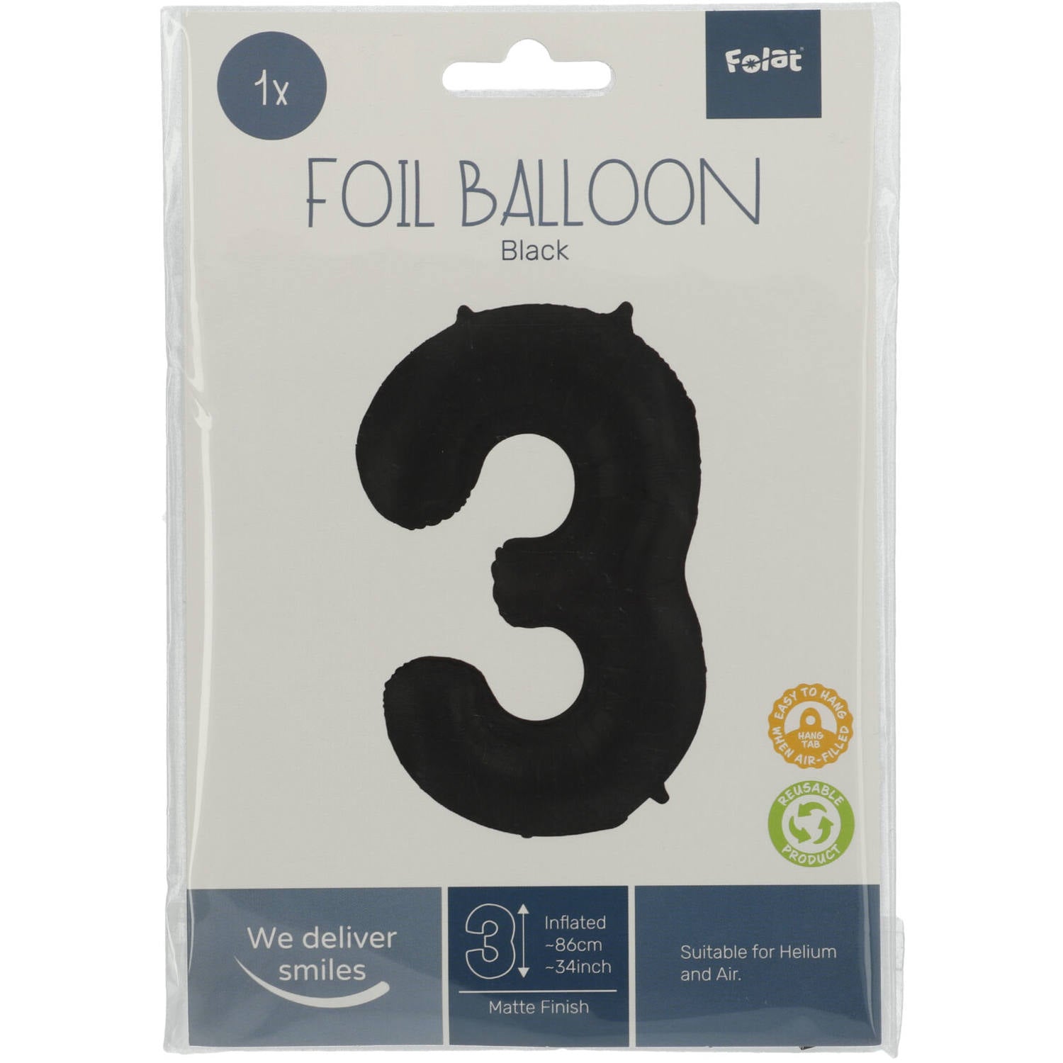 Cijfer Ballon 3 - Zwart - 86 cm