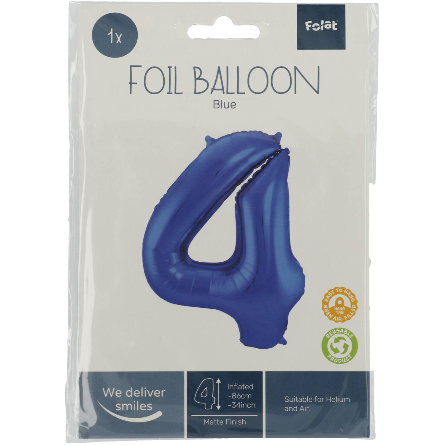 Cijfer Ballon 4 - Mat Blauw - 86 cm