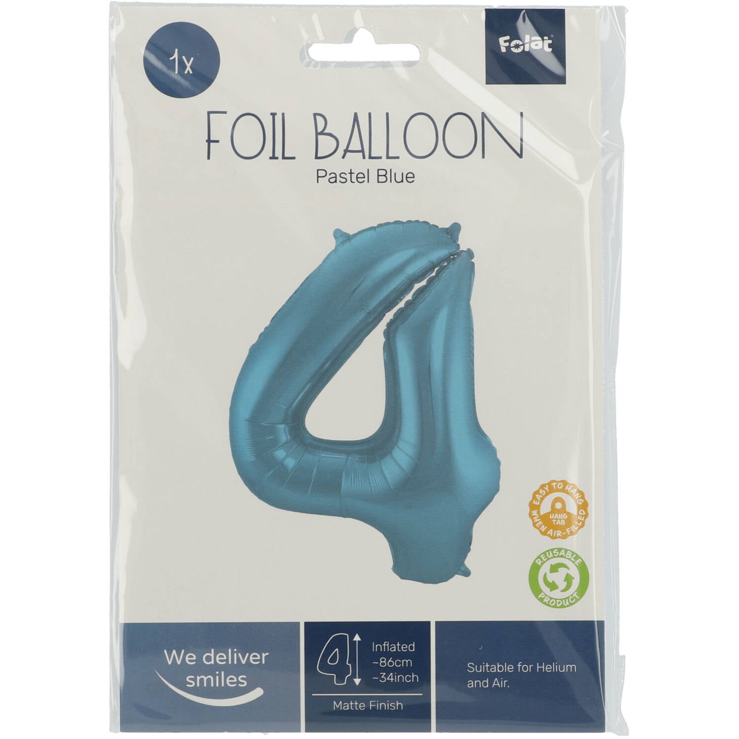 Cijfer Ballon 4 - Pastel Blauw - 86 cm