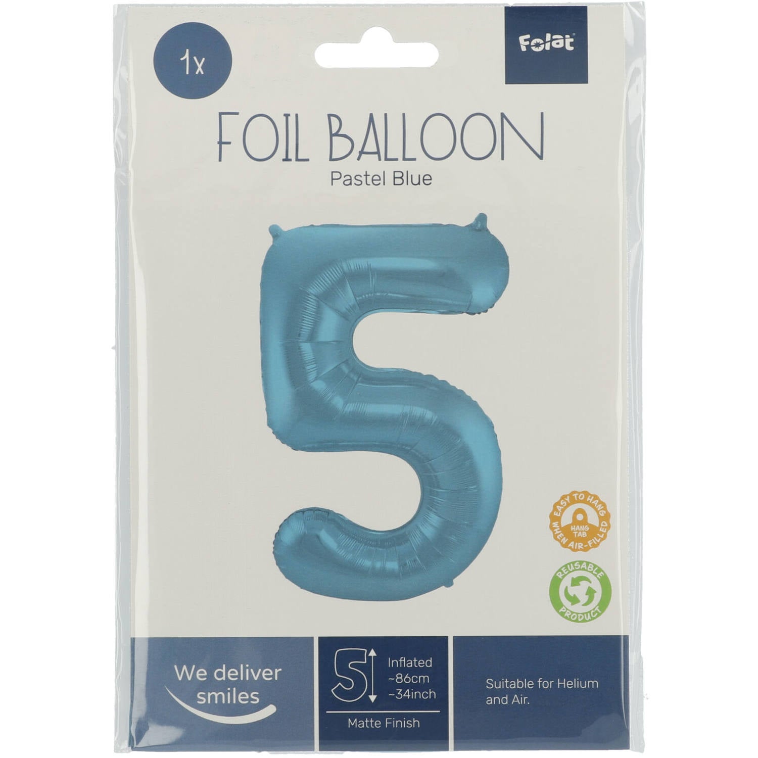 Cijfer Ballon 5 - Pastel Blauw - 86 cm