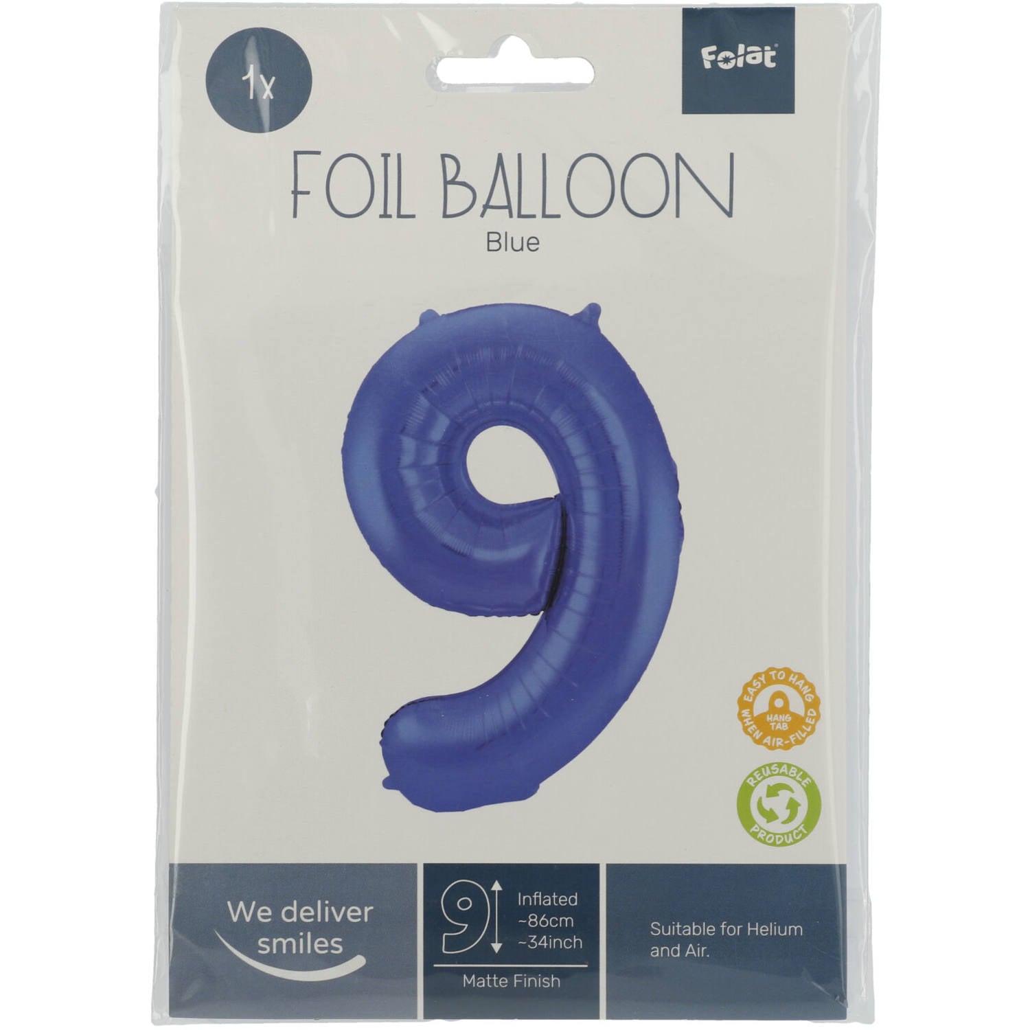 Cijfer Ballon 9 - Mat Blauw - 86 cm