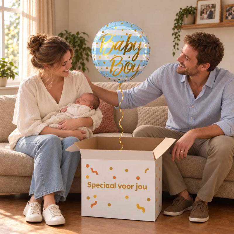 Uitpakmoment met Baby Boy Helium Ballon uit een cadeaudoos van Ballonnenshop.nl