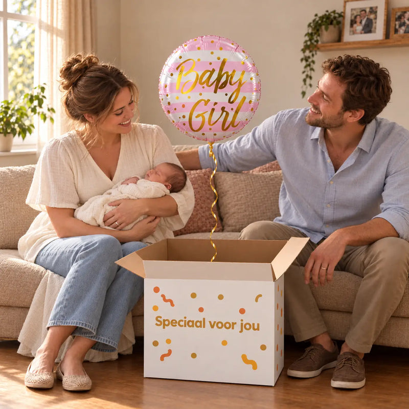 Uitpakmoment met Baby Girl Helium Ballon uit een cadeaudoos van Ballonnenshop.nl