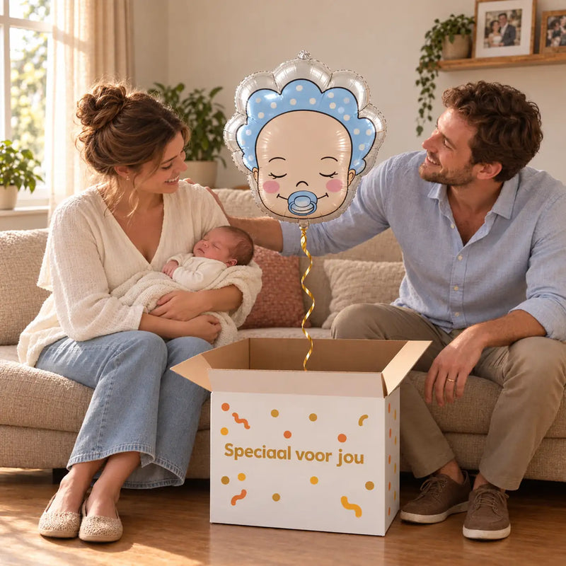 Uitpakmoment met Baby Helium Ballon Jongen uit een cadeaudoos van Ballonnenshop.nl