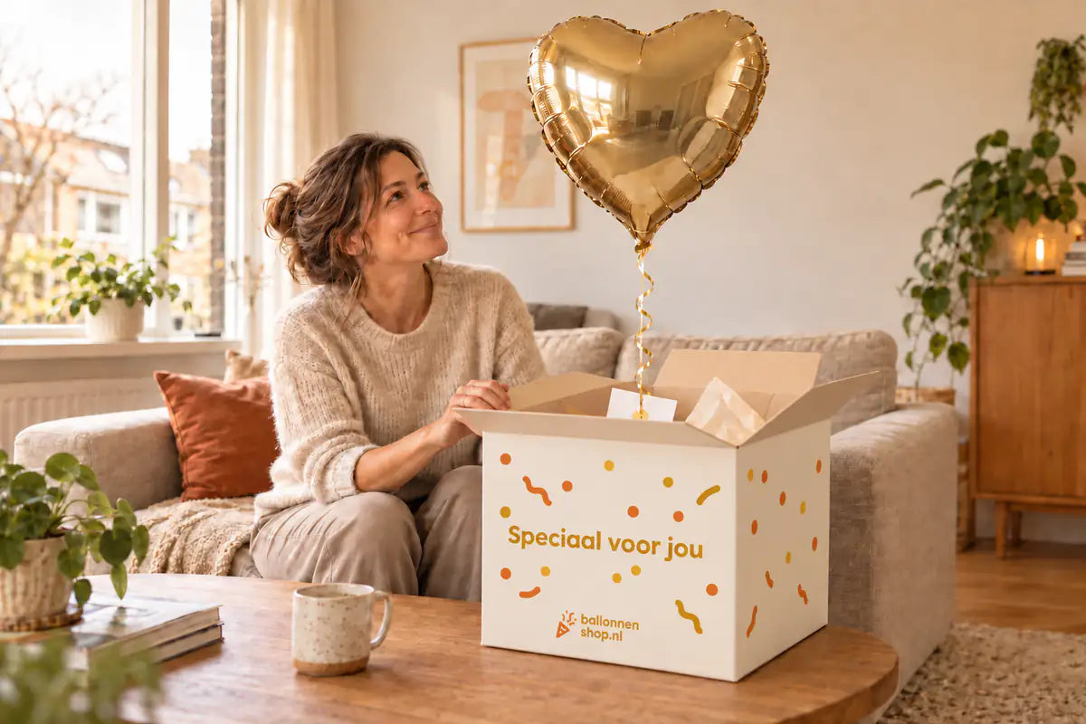Een vrouw ontvangt een gouden hartballon uit de feestelijke doos van Ballonnenshop.nl.