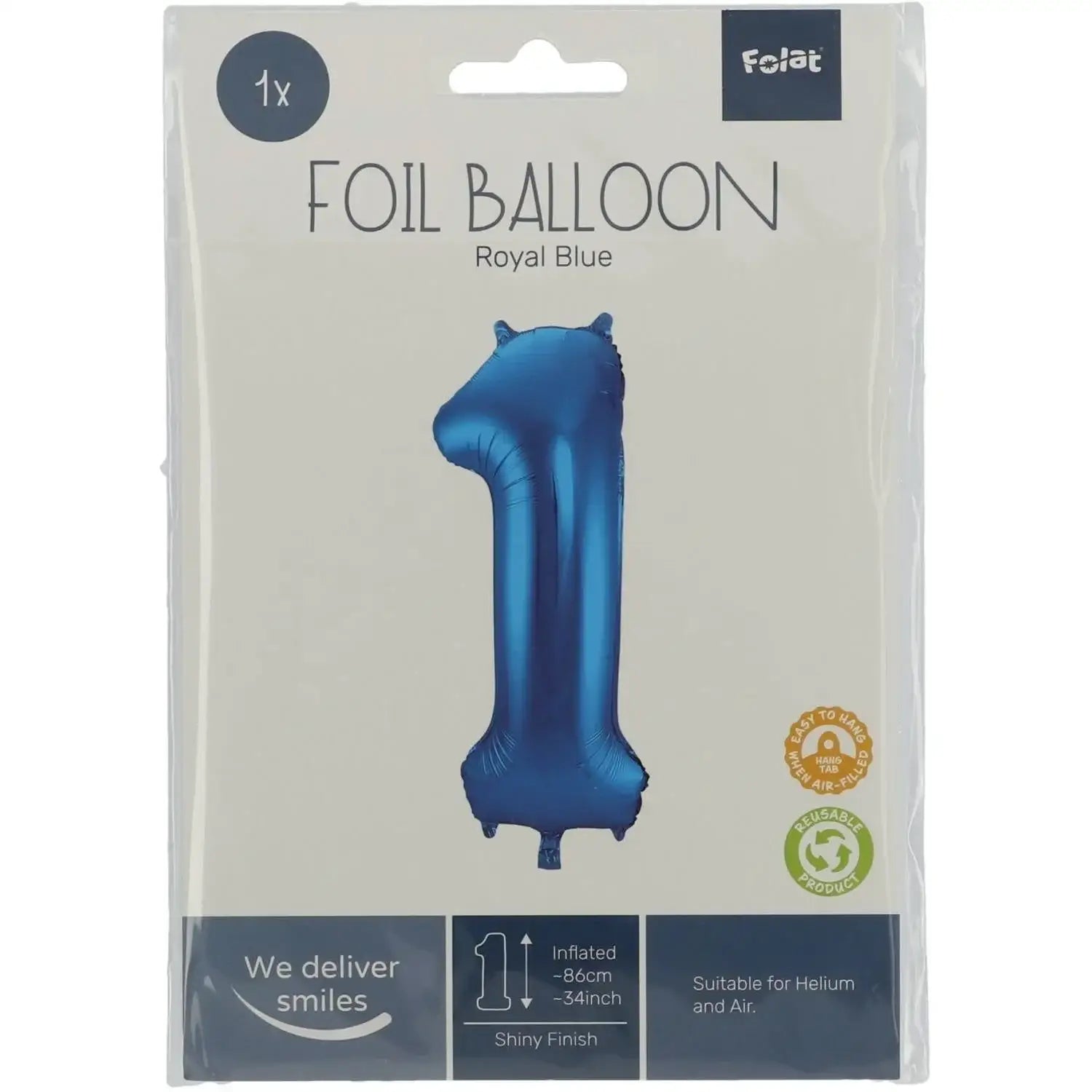 Cijfer Ballon 1 - Blauw - 86 cm - Ballonnenshop.nl