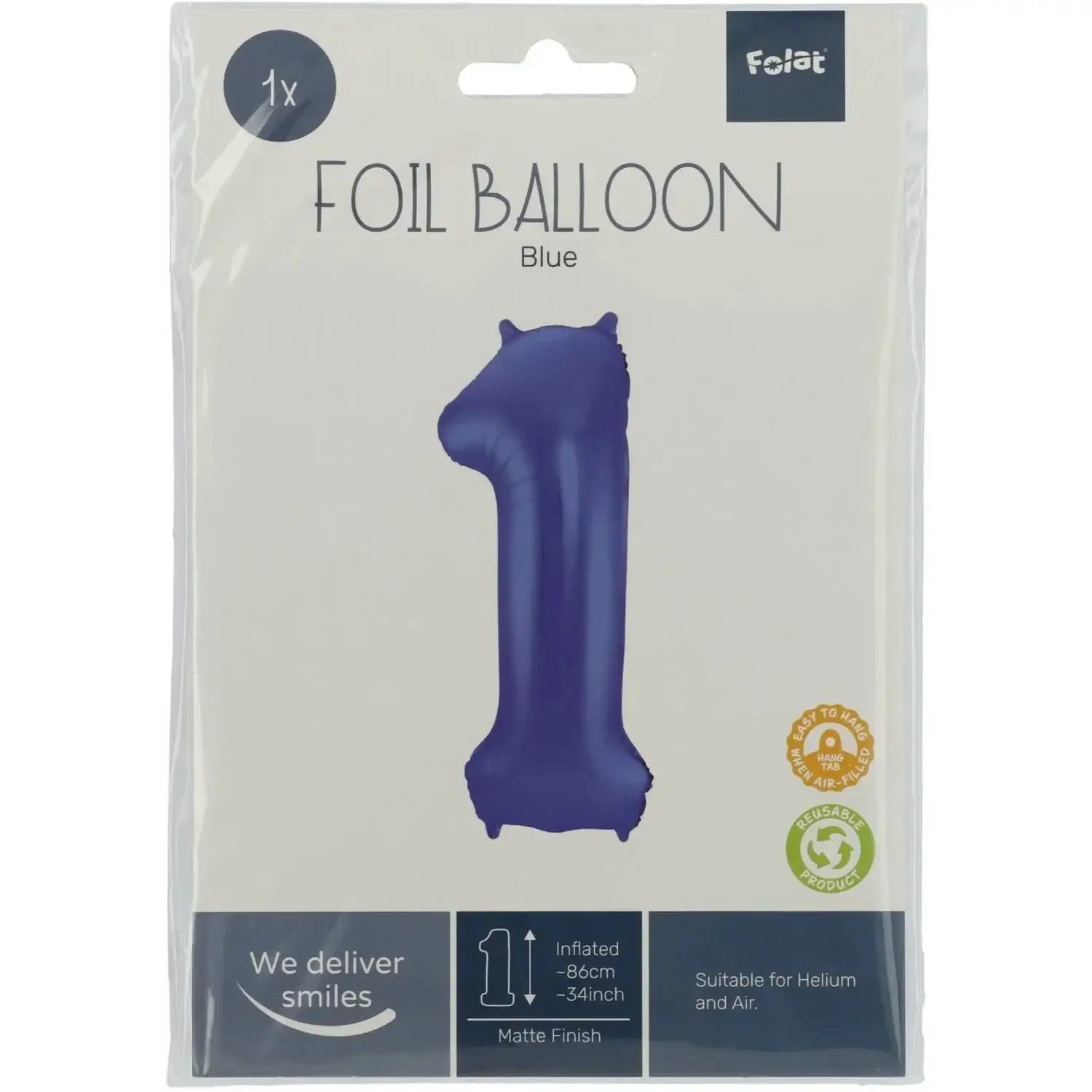 Cijfer Ballon 1 - Mat Blauw - 86 cm - Ballonnenshop.nl