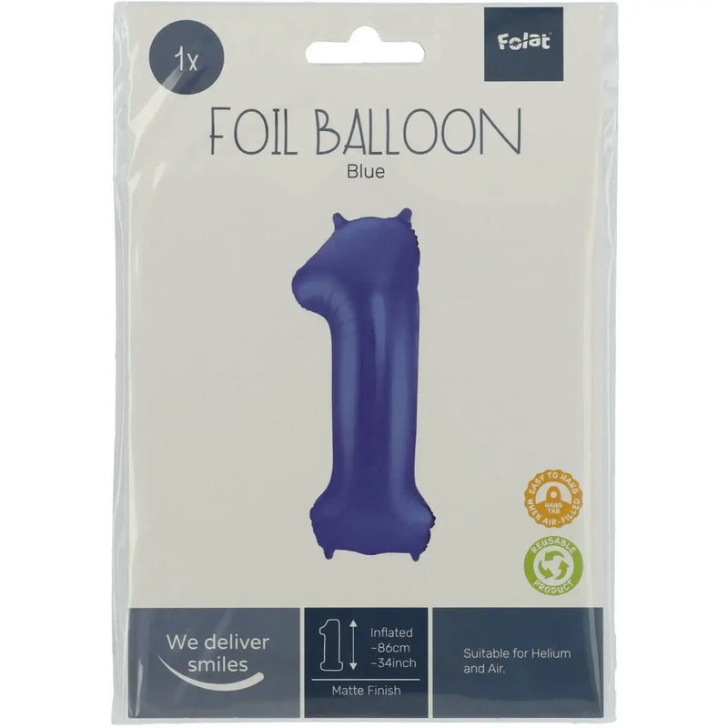 Cijfer Ballon 1 - Mat Blauw - 86 cm - Ballonnenshop.nl