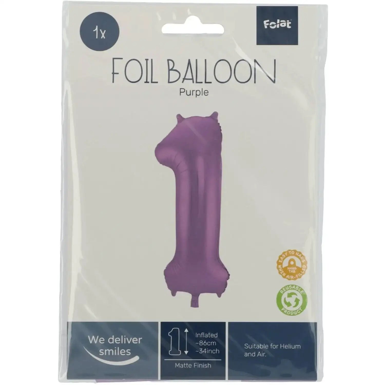 Cijfer Ballon 1 - Paars - 86 cm - Ballonnenshop.nl