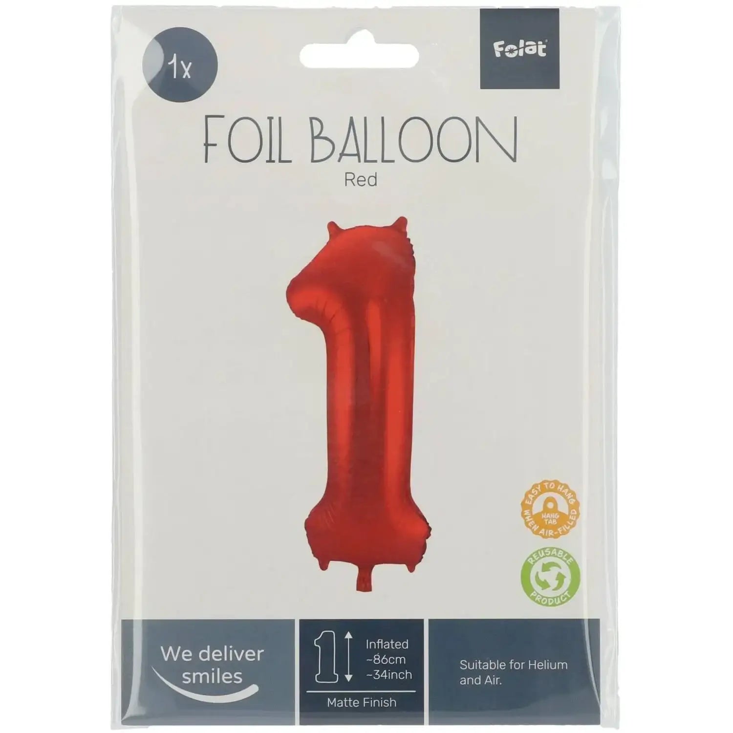 Cijfer Ballon 1 - Rood - 86 cm - Ballonnenshop.nl