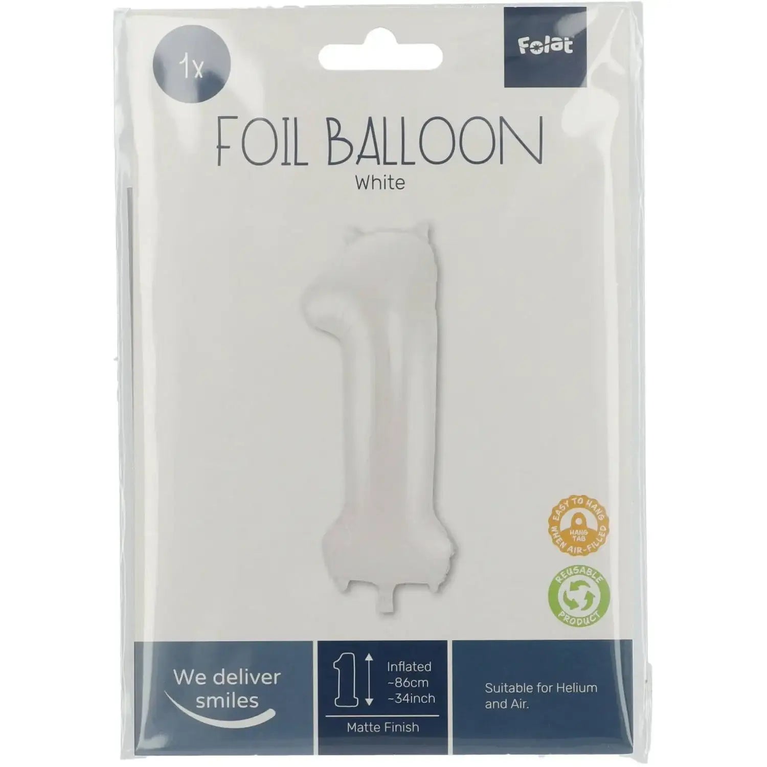 Cijfer Ballon 1 - Wit - 86 cm - Ballonnenshop.nl
