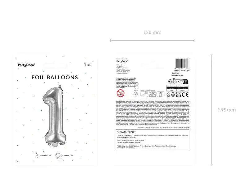 Cijfer Ballon 1 Zilver 35 cm - Ballonnenshop.nl