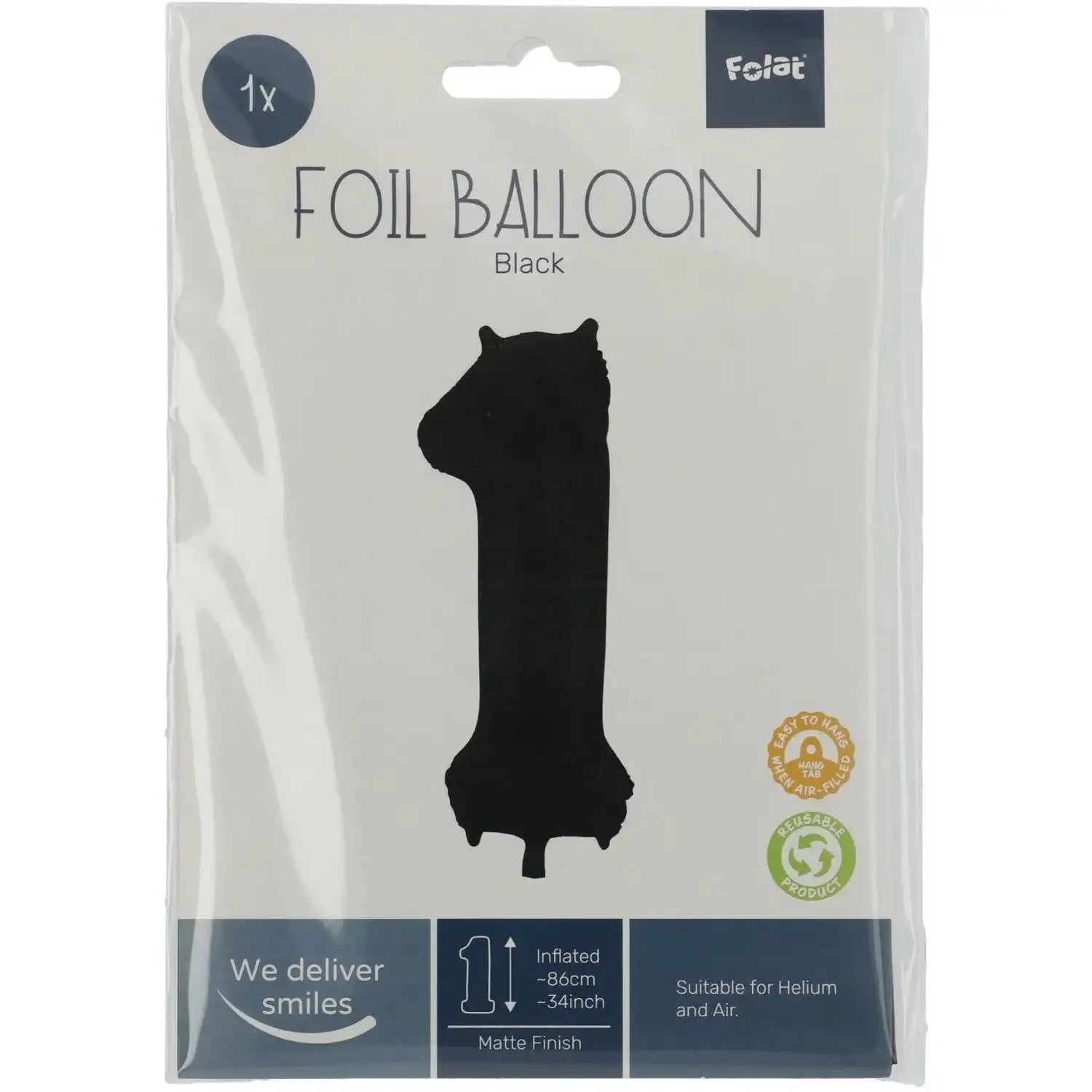 Cijfer Ballon 1 - Zwart - 86 cm - Ballonnenshop.nl