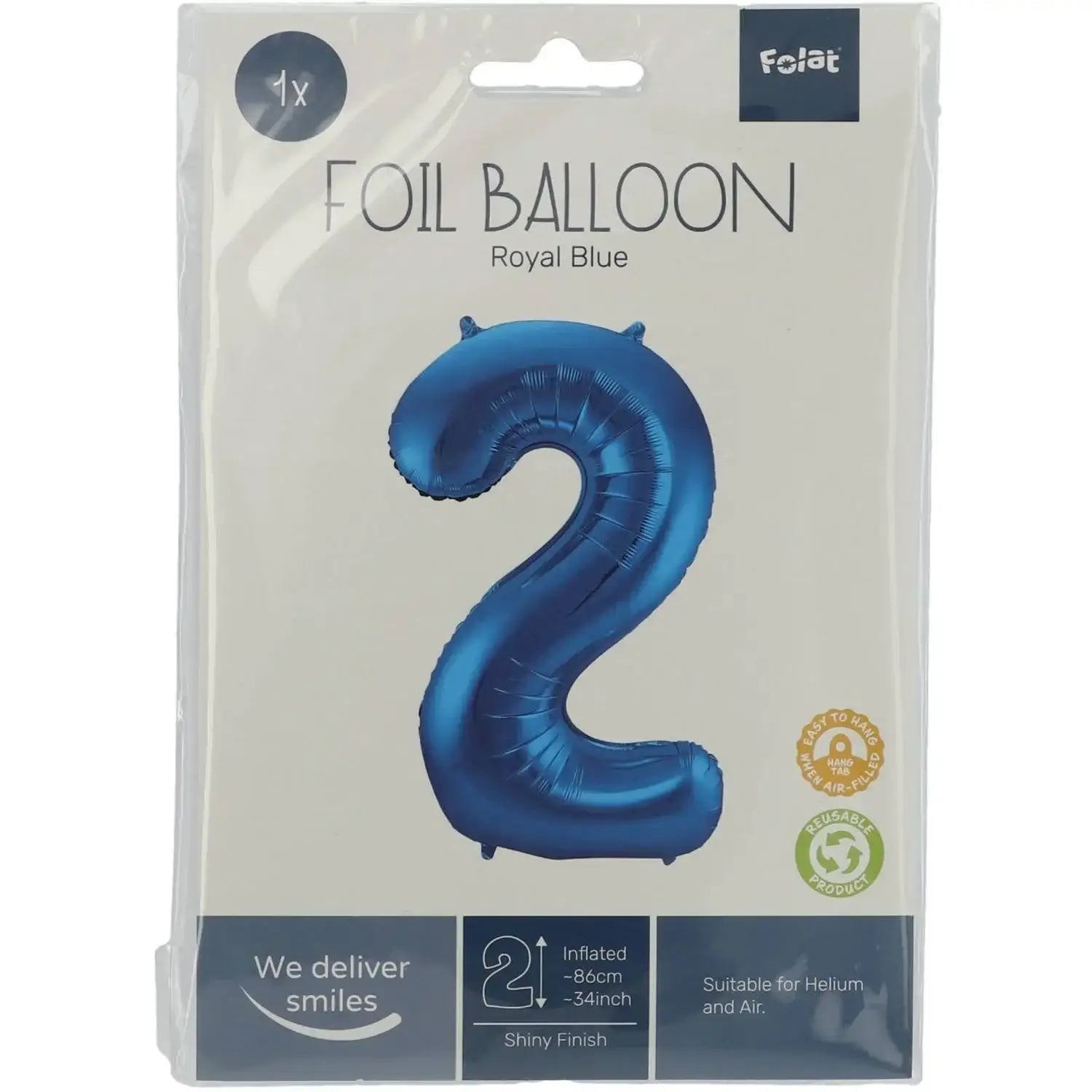 Cijfer Ballon 2 - Blauw - 86 cm - Ballonnenshop.nl