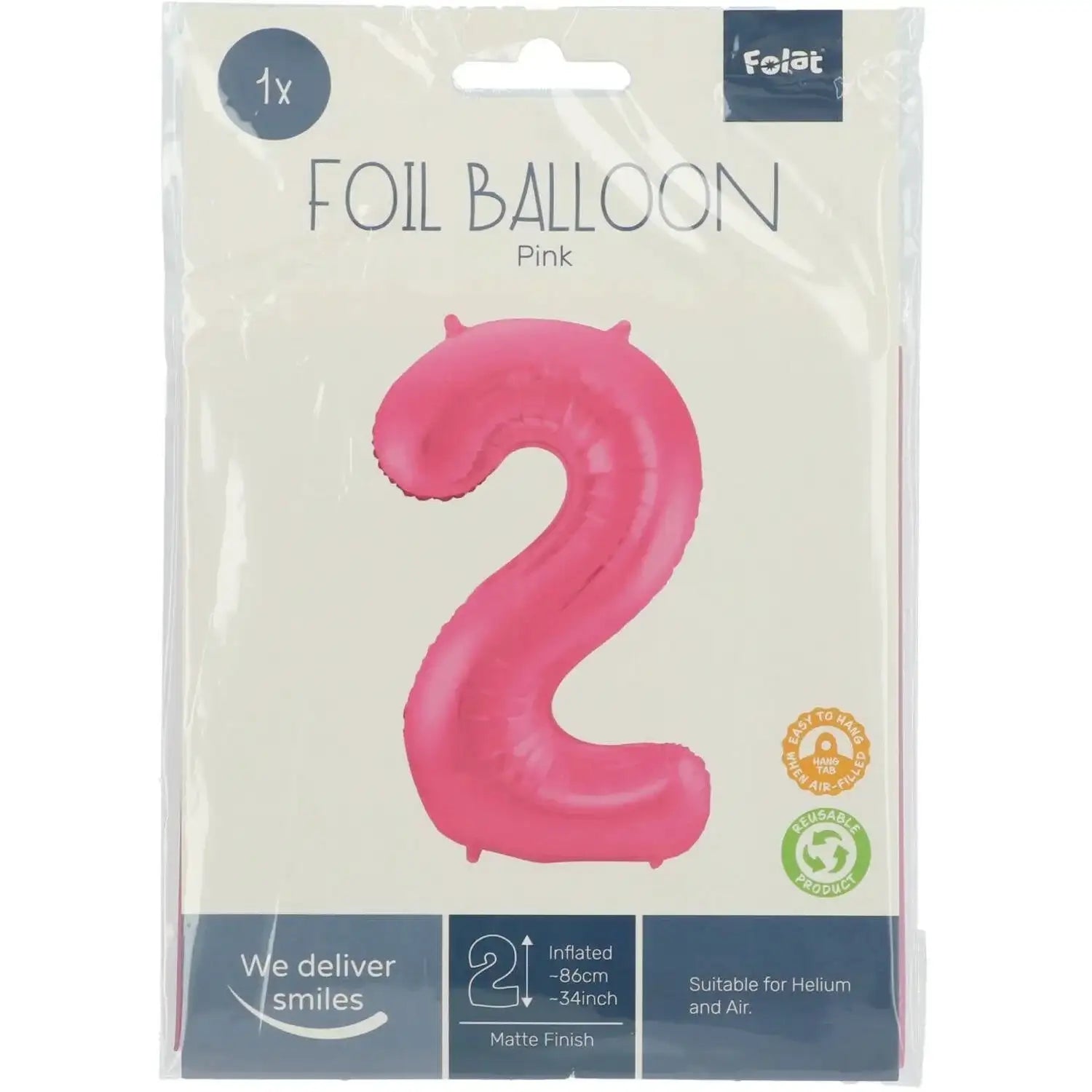 Cijfer Ballon 2 - Mat Roze - 86 cm - Ballonnenshop.nl