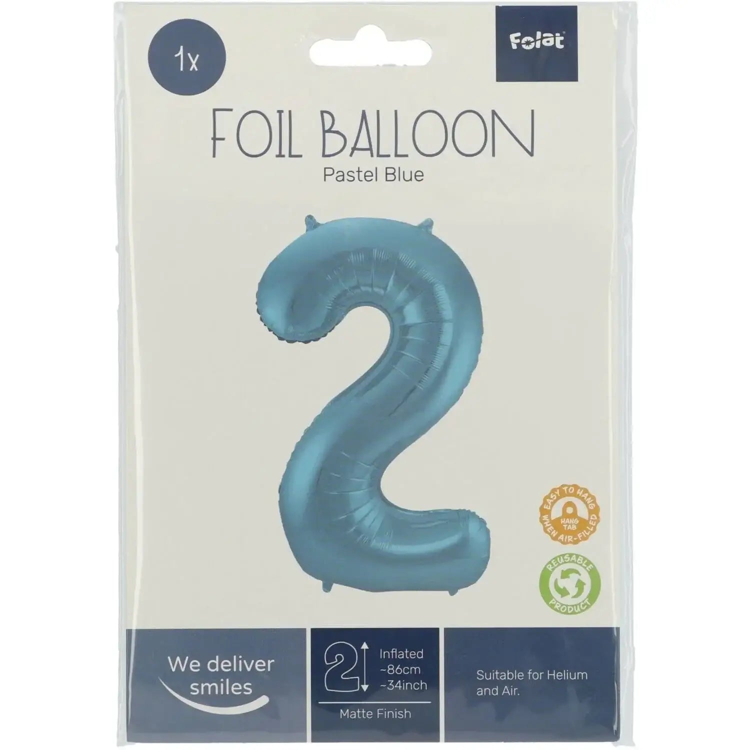 Cijfer Ballon 2 - Pastel Blauw - 86 cm - Ballonnenshop.nl