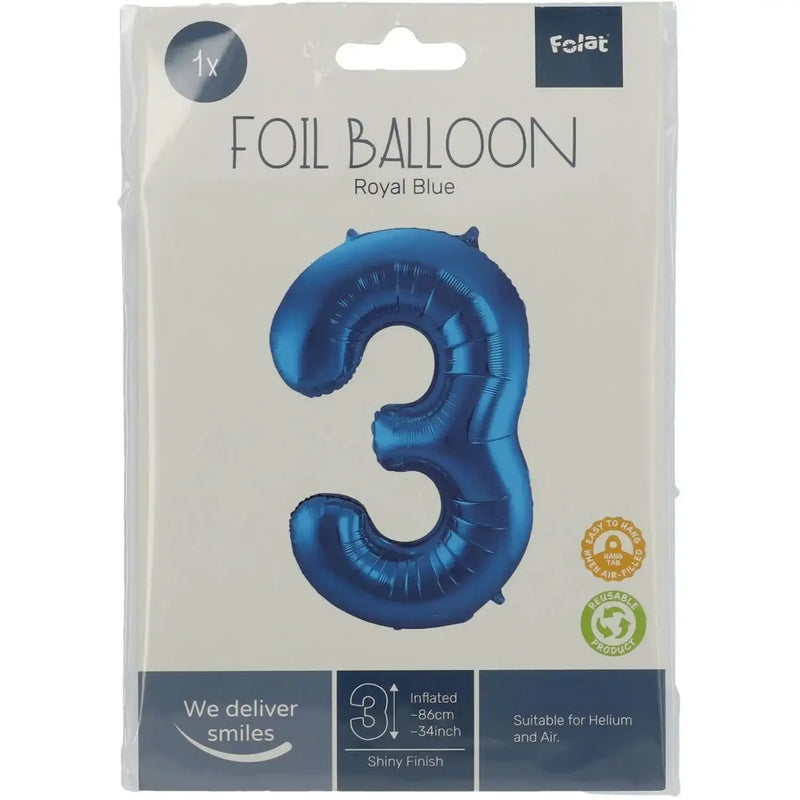 Cijfer Ballon 3 - Blauw - 86 cm - Ballonnenshop.nl