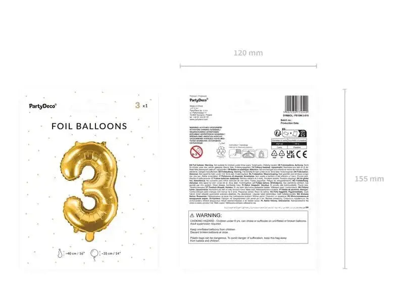 Cijfer Ballon 3 Goud 35 cm - Ballonnenshop.nl